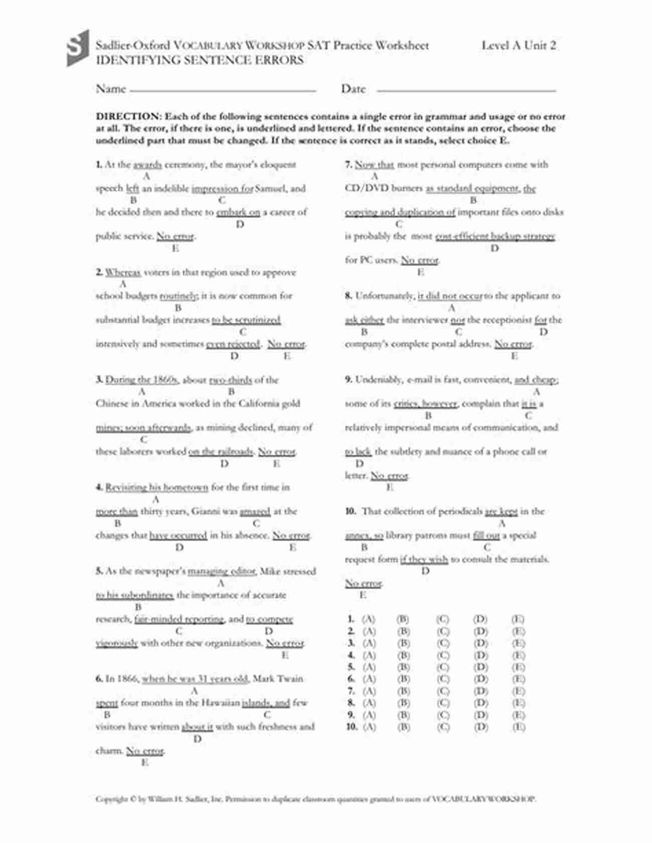 Identifying Sentence Errors Practice Questions SAT Writing: Identifying Sentence Errors Practice Questions 2 (Test Prep 5)