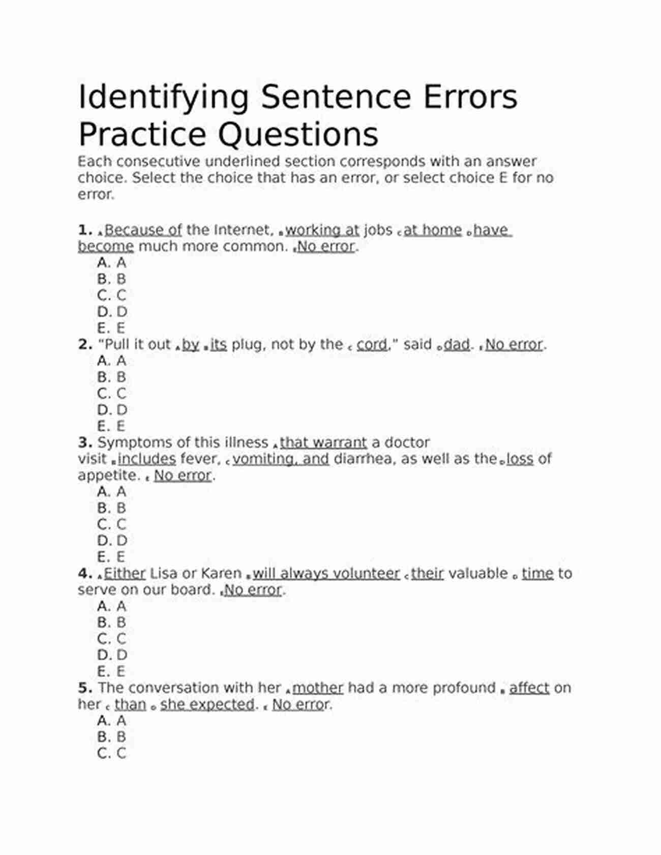 Identifying Sentence Errors Practice Questions SAT Writing: Identifying Sentence Errors Practice Questions 2 (Test Prep 5)