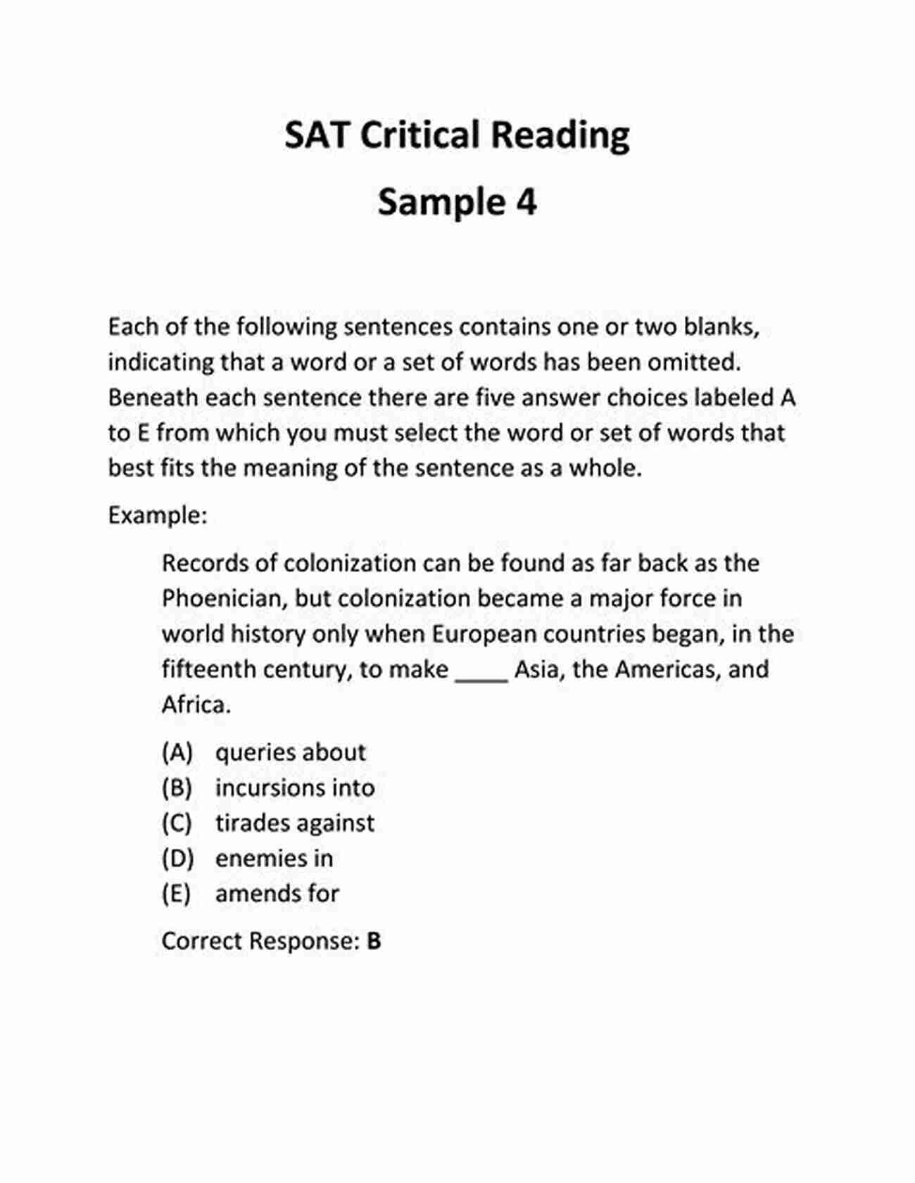 Sat Critical Reading Example Passage SAT Critical Reading Practice Questions (Test Prep)